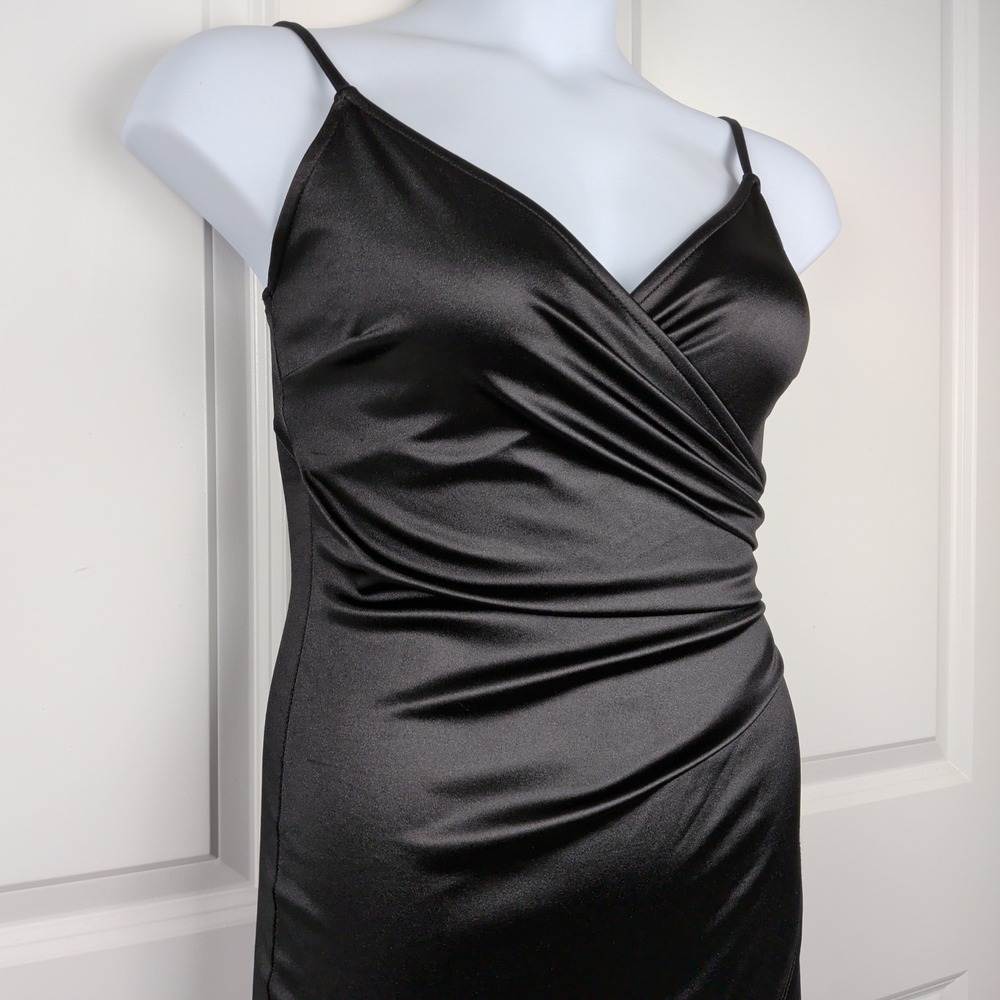Black Satin Ruched Mini Dress LBD Cocktail Night Out Tulip Hem Size Small